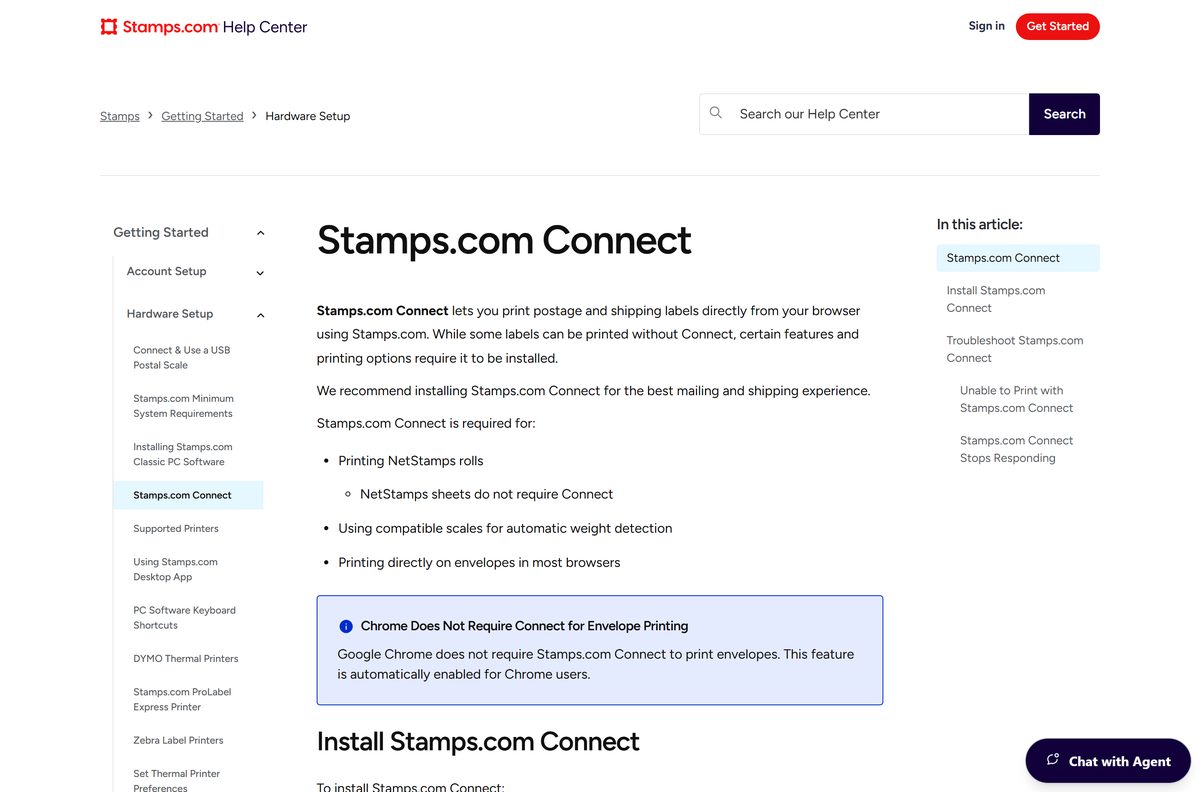 Stamps.com Connect help article with Windows and Mac install tabs