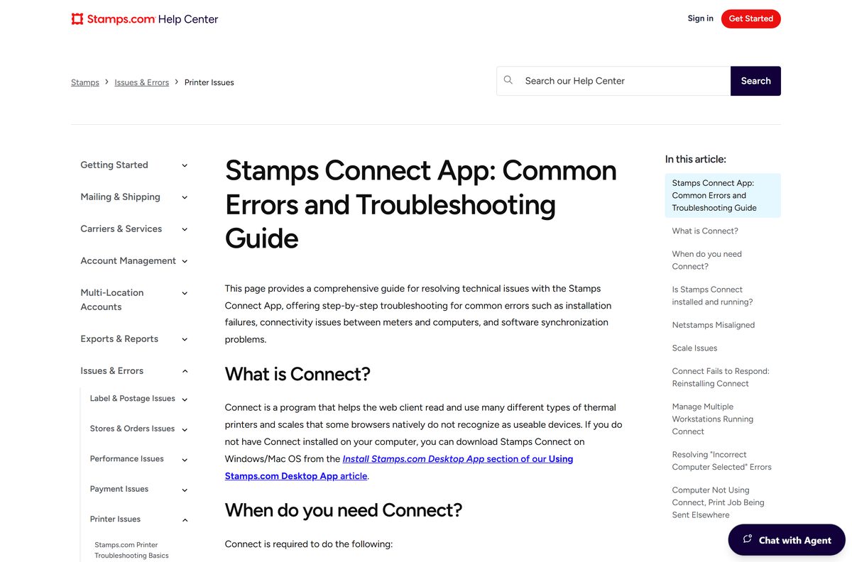 Stamps.com Connect troubleshooting guide for printing and scale errors