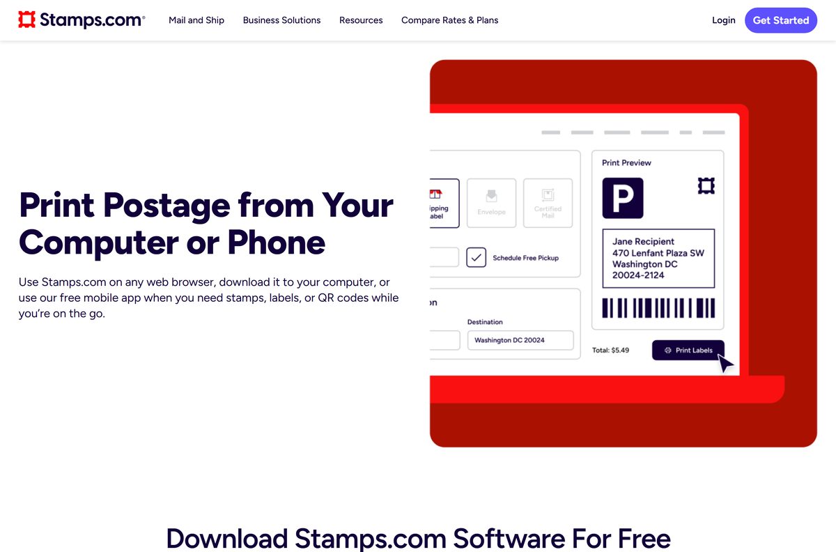 Stamps.com Download page listing Connect installers and desktop apps