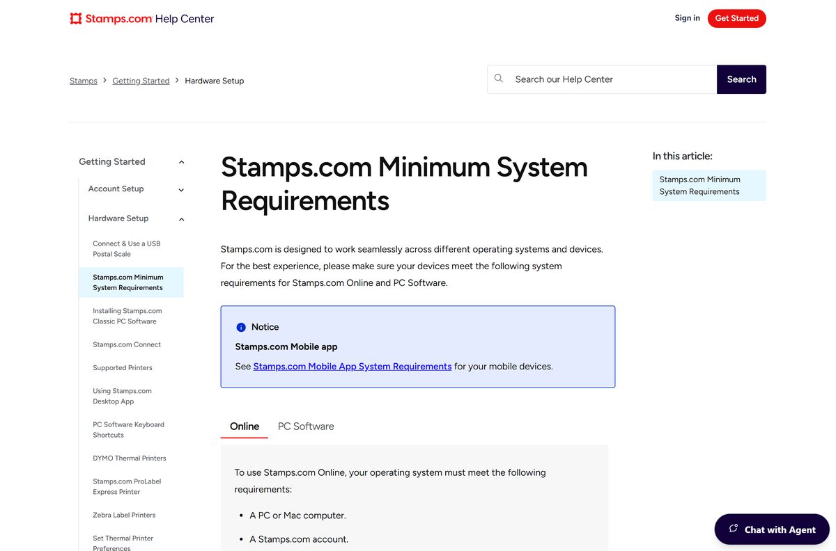 Minimum system requirements page for Stamps.com Connect users
