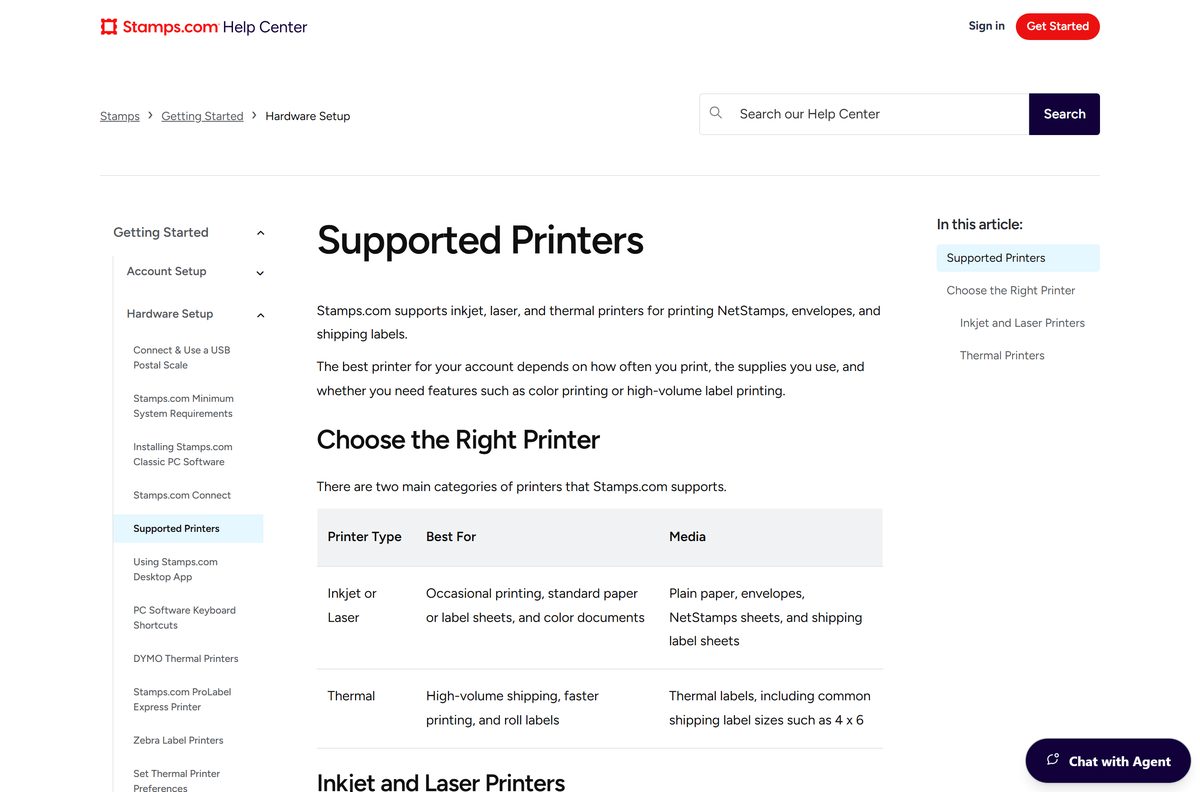 Supported printers list for Stamps.com Connect with thermal models