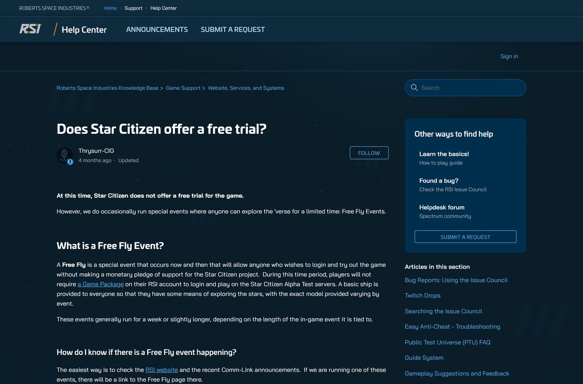 Knowledge Base article on Star Citizen Free Fly events