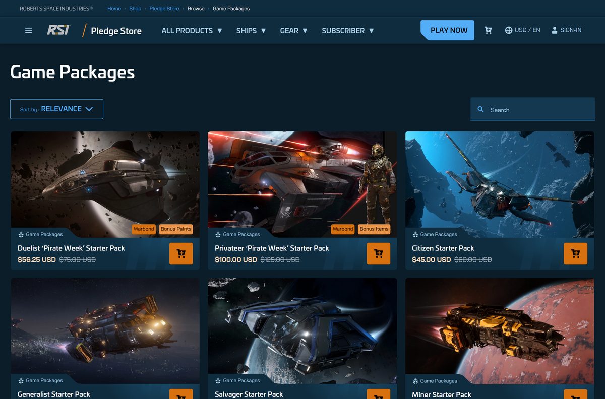 Pledge Store game packages for Star Citizen with prices