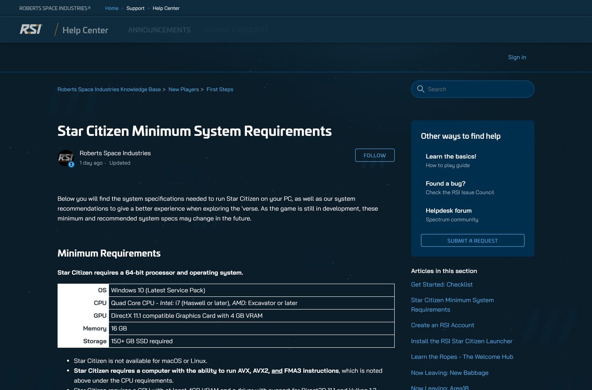 Star Citizen minimum and recommended PC specifications