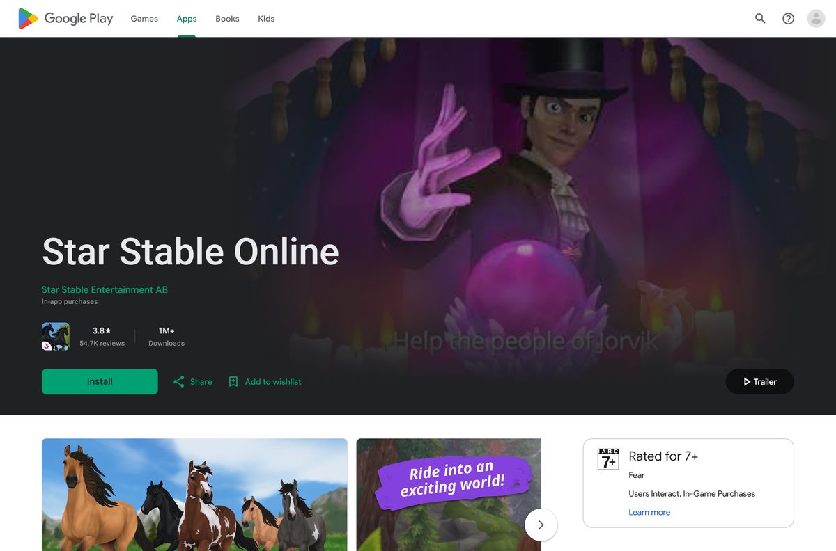 Google Play listing for Star Stable Online with download count