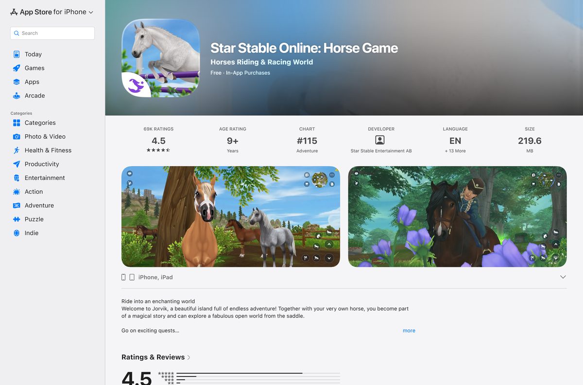 App Store listing for Star Stable Online with rating and size