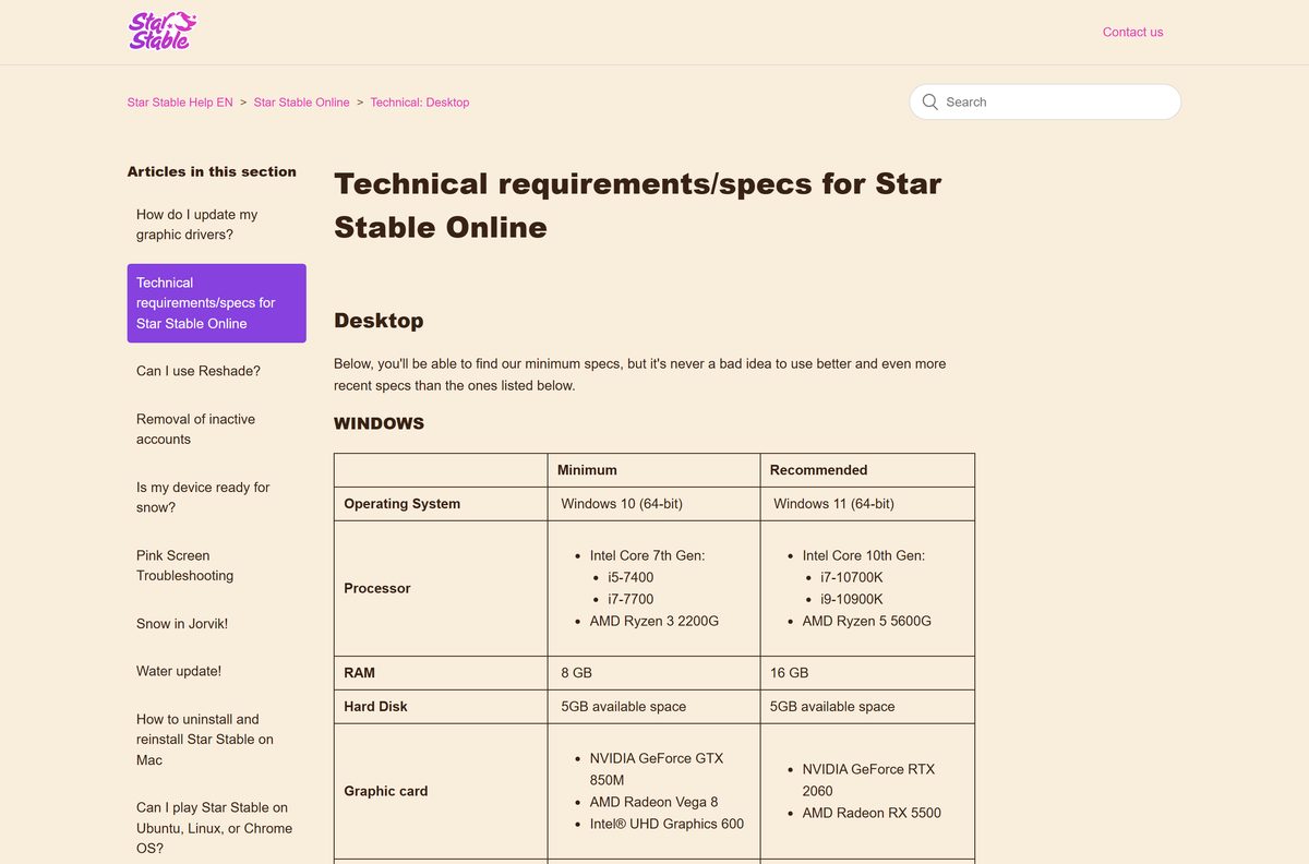 Help centre table of Star Stable Online desktop requirements