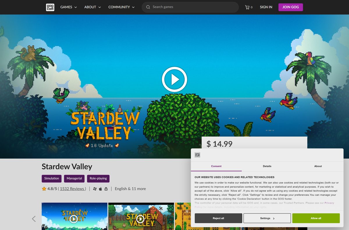 GOG listing for Stardew Valley with its DRM-free label and price