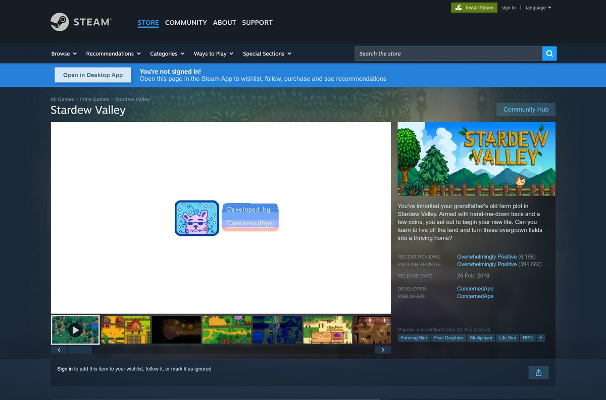 Steam store page for Stardew Valley with its price and Add to Cart button