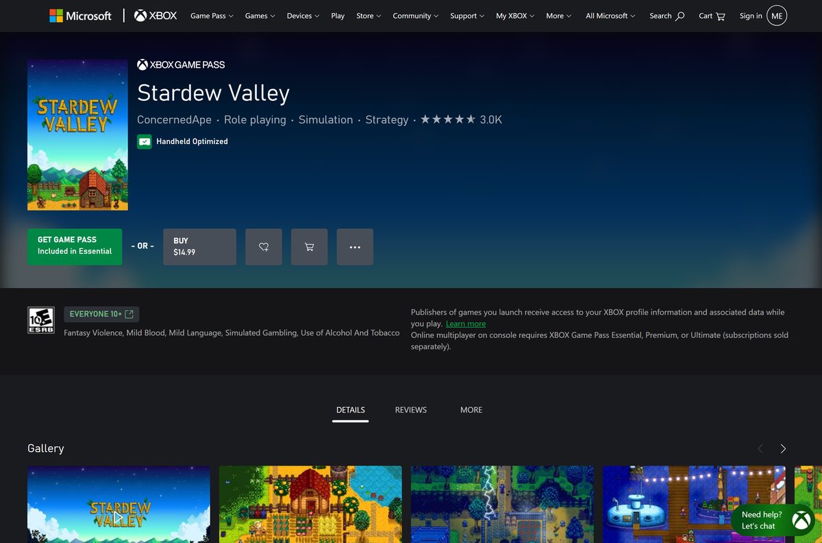Xbox store page for Stardew Valley with Game Pass and purchase options