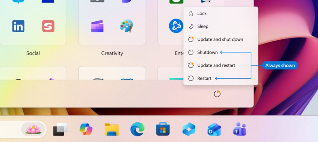 Start menu power options with Shutdown and Restart marked as always shown