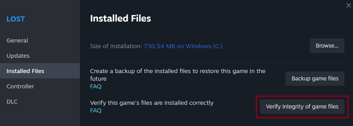 Steam Installed Files tab with Verify integrity of game files highlighted