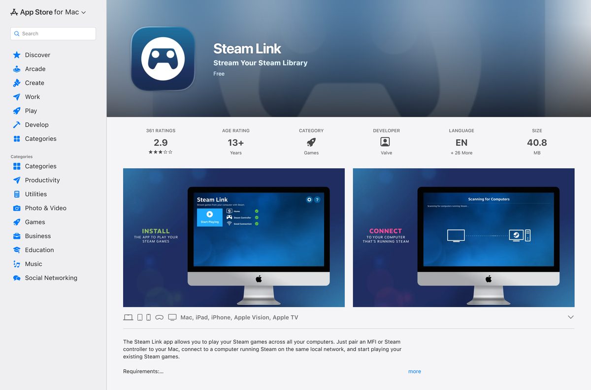 Mac App Store listing for Steam Link with its requirements