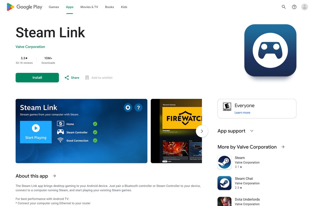 Google Play listing for Steam Link showing downloads and reviews