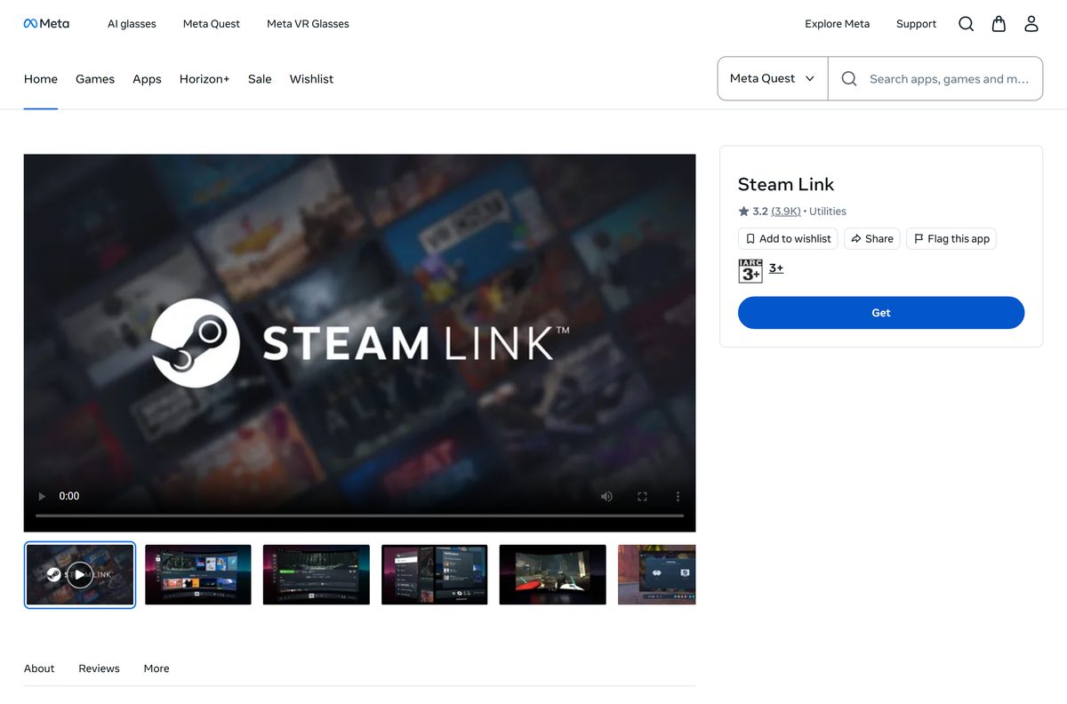 Meta Quest store page for Steam Link with PC requirements