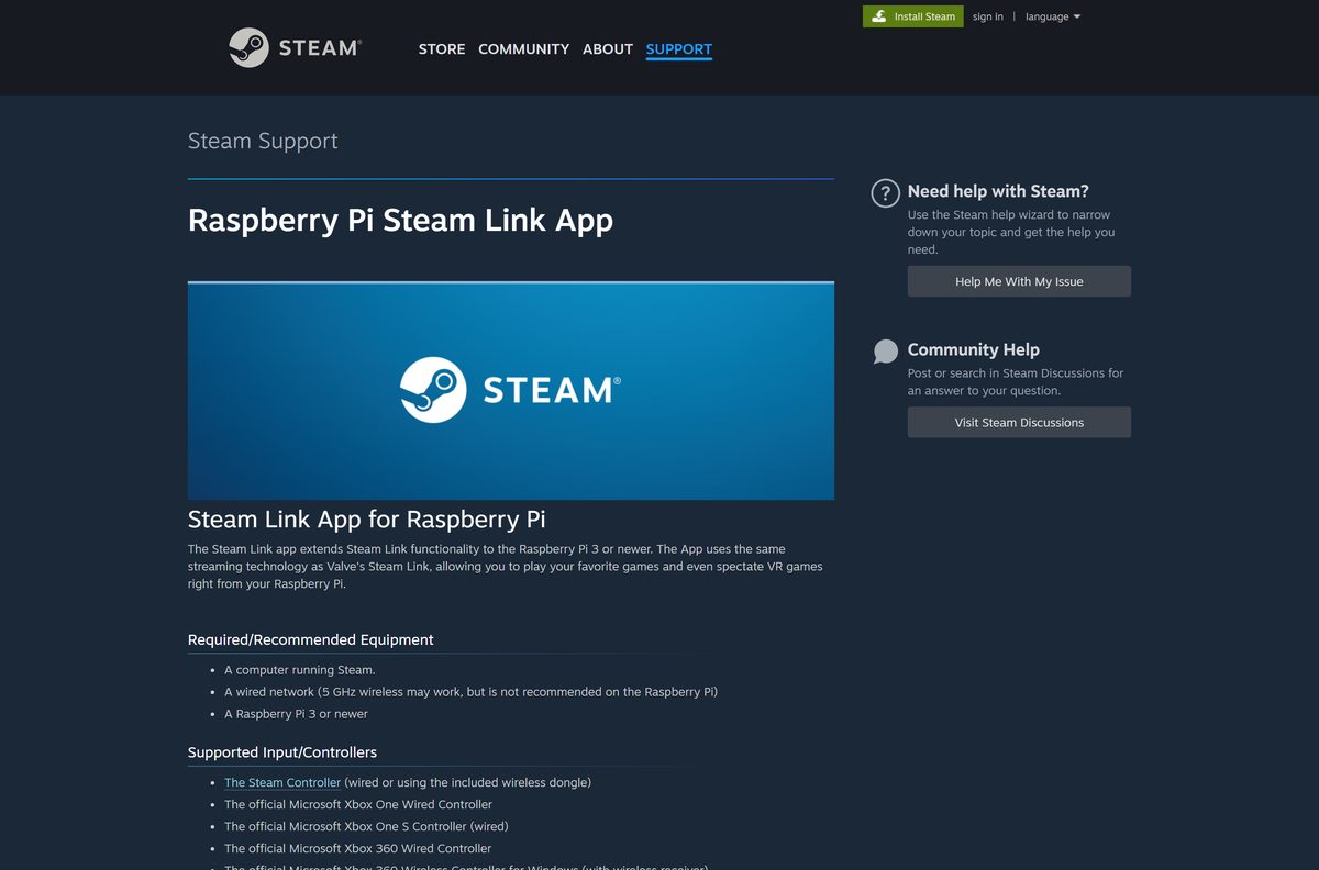 Valve support page for Steam Link on Raspberry Pi