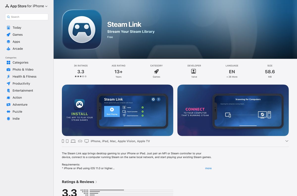 App Store page for Steam Link with its size and rating