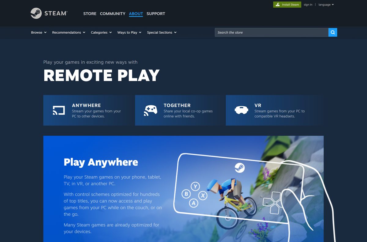 Valve Remote Play page listing every Steam Link platform