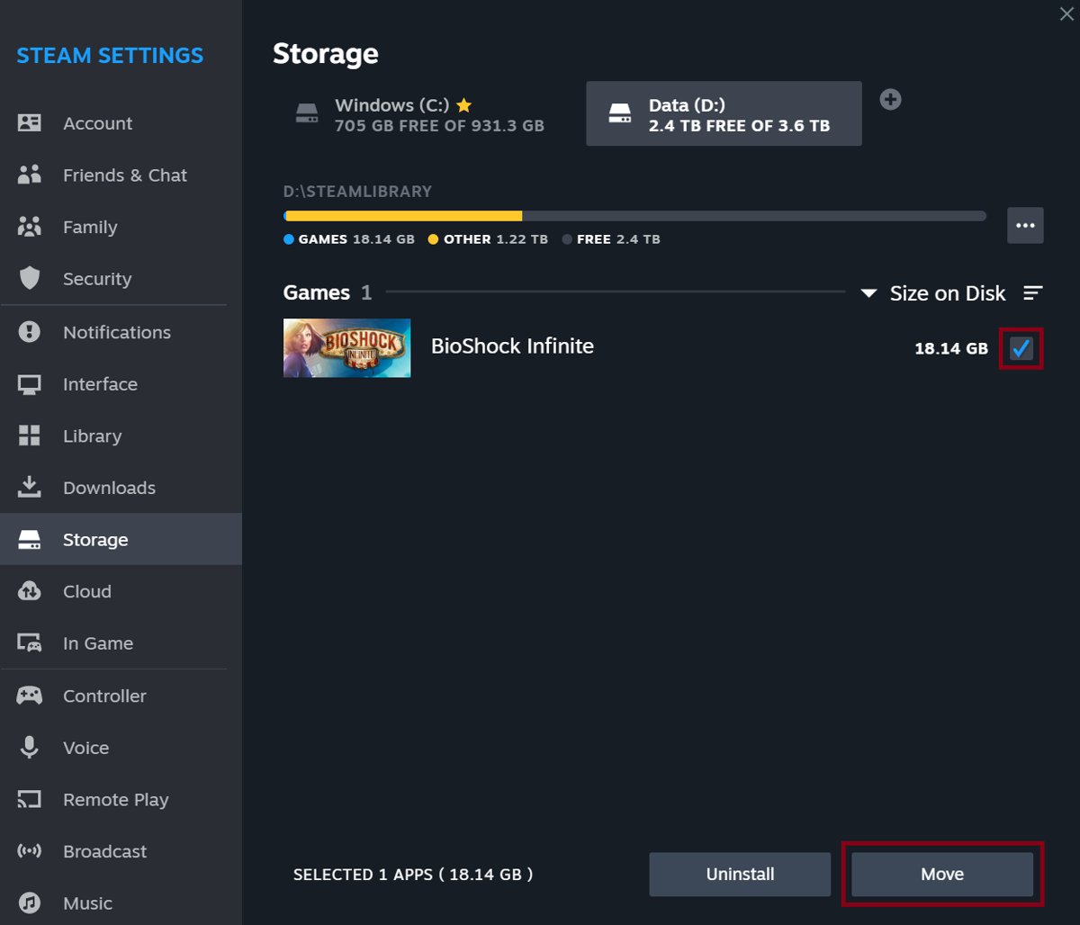 Steam Settings Storage tab showing drive list, add-library button, and Move option