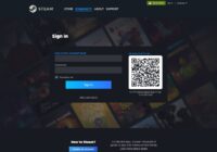 Steam sign-in screen with account name, password, and QR code fields