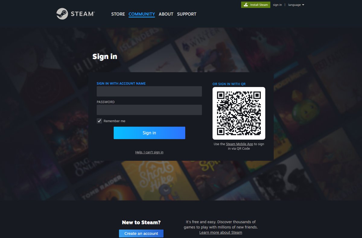 Steam sign-in screen with account name, password, and QR code fields