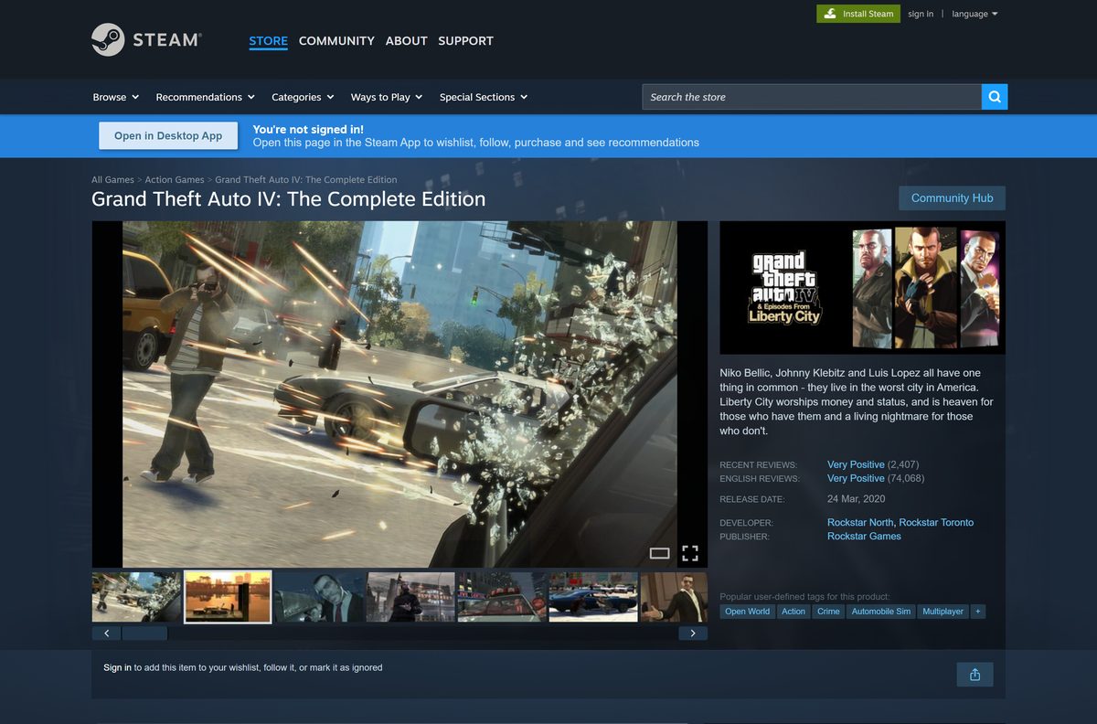 Steam listing for GTA IV: The Complete Edition with its purchase box