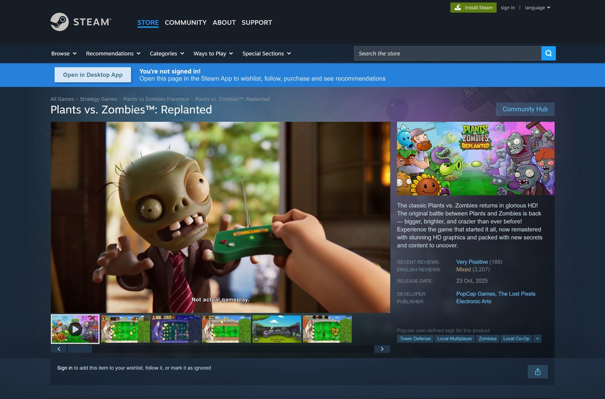 Steam listing for Plants vs. Zombies: Replanted with its purchase box