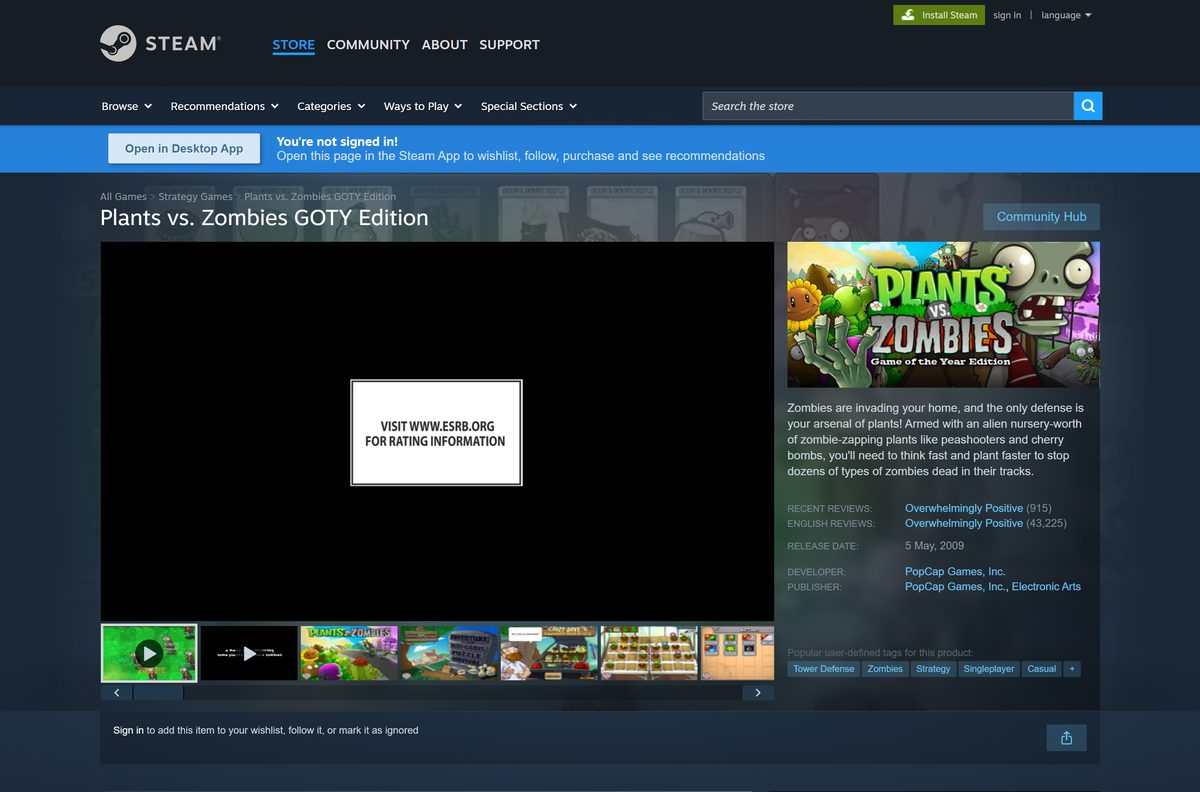 Steam page for Plants vs. Zombies GOTY Edition with the demo button