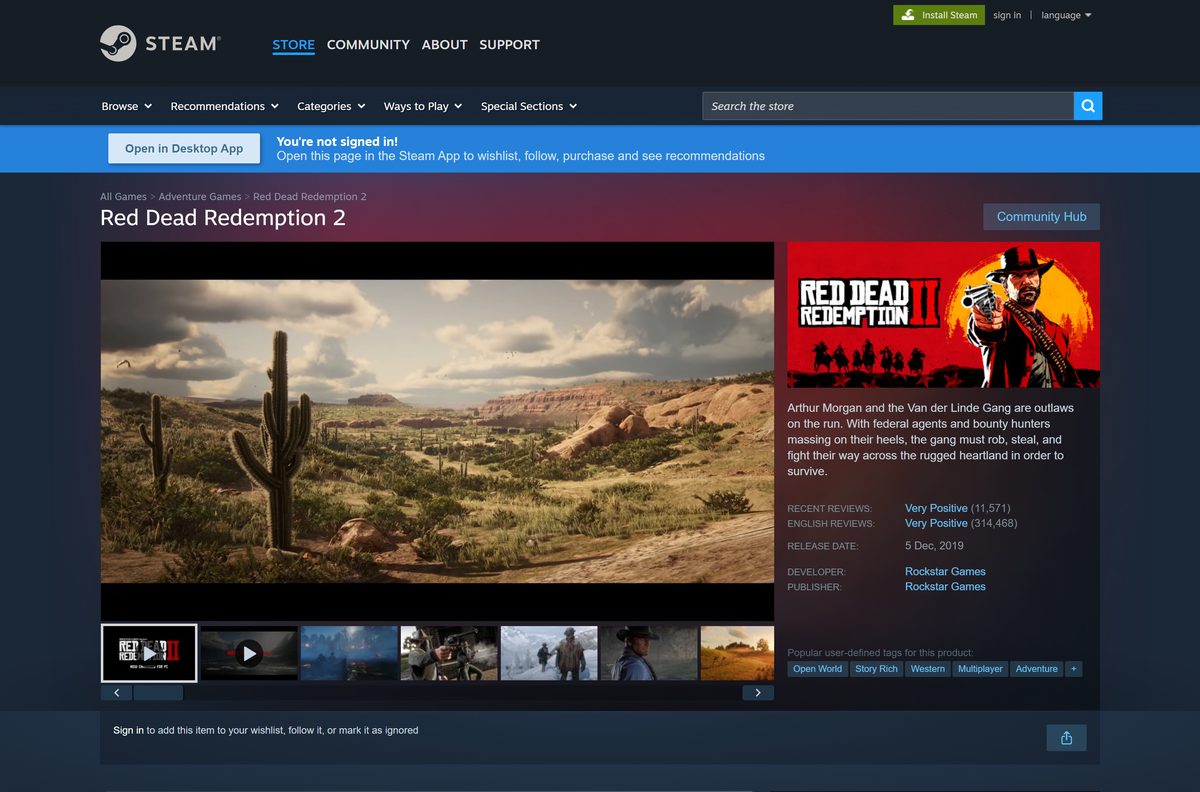 Steam listing for Red Dead Redemption 2 showing the purchase options