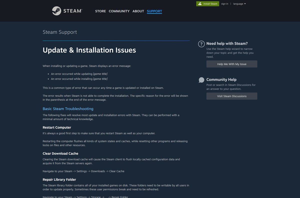 Steam support page listing fixes for update and installation errors