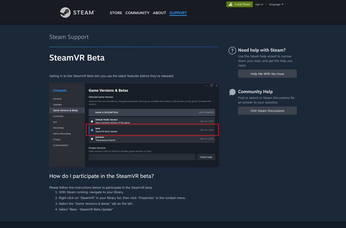 Steam Support page explaining how to join the SteamVR Beta