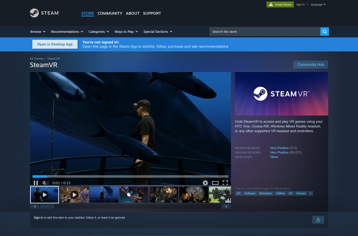 Steam store page for SteamVR with its Play Game button