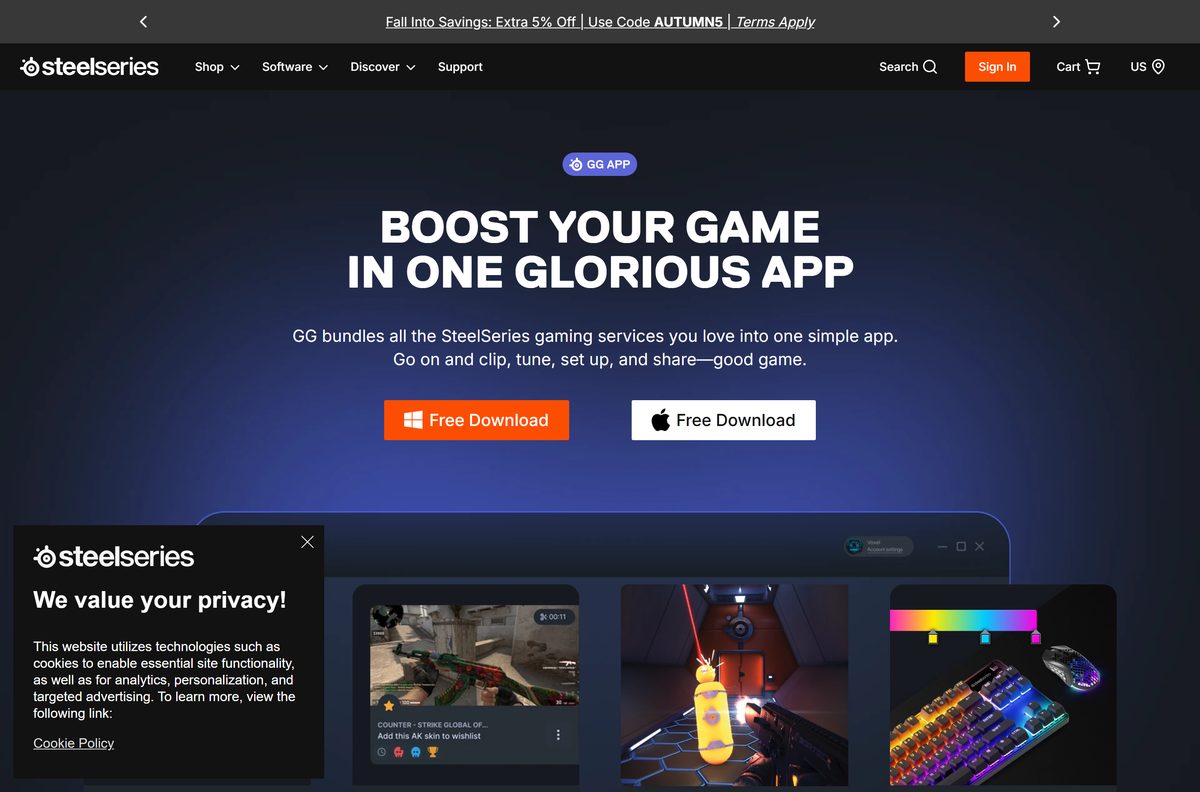 SteelSeries GG page with the Free Download buttons