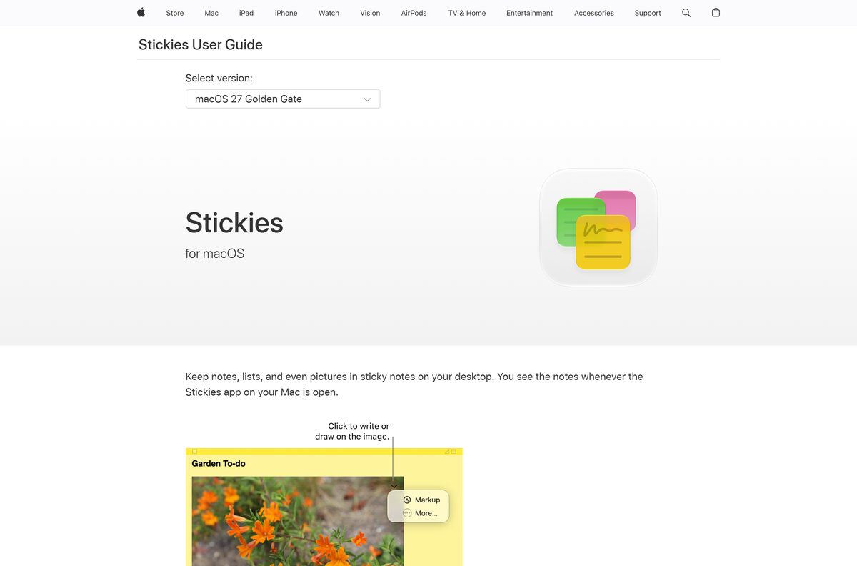 Apple support guide for the built-in Stickies app on macOS