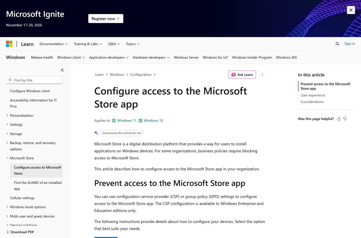 Microsoft Learn page on configuring access to the Store app