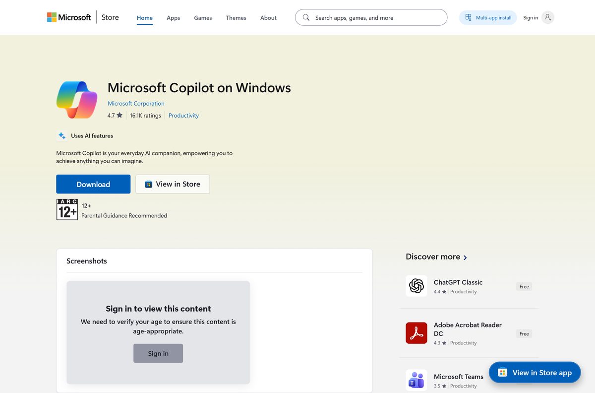 Microsoft Copilot listing in the Store with its rating and Get button