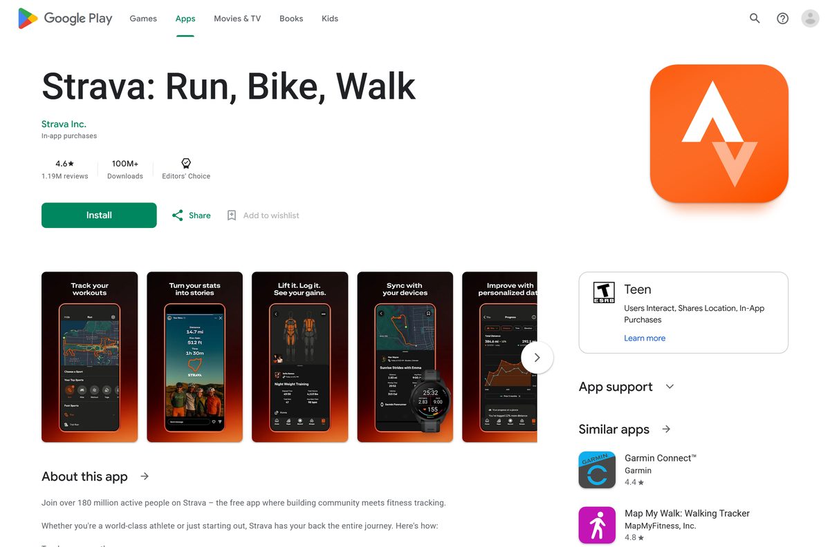 Google Play listing for Strava with its rating and downloads