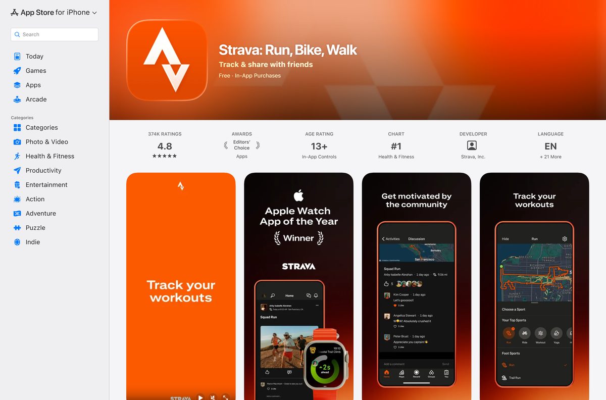 App Store listing for Strava with its rating and developer