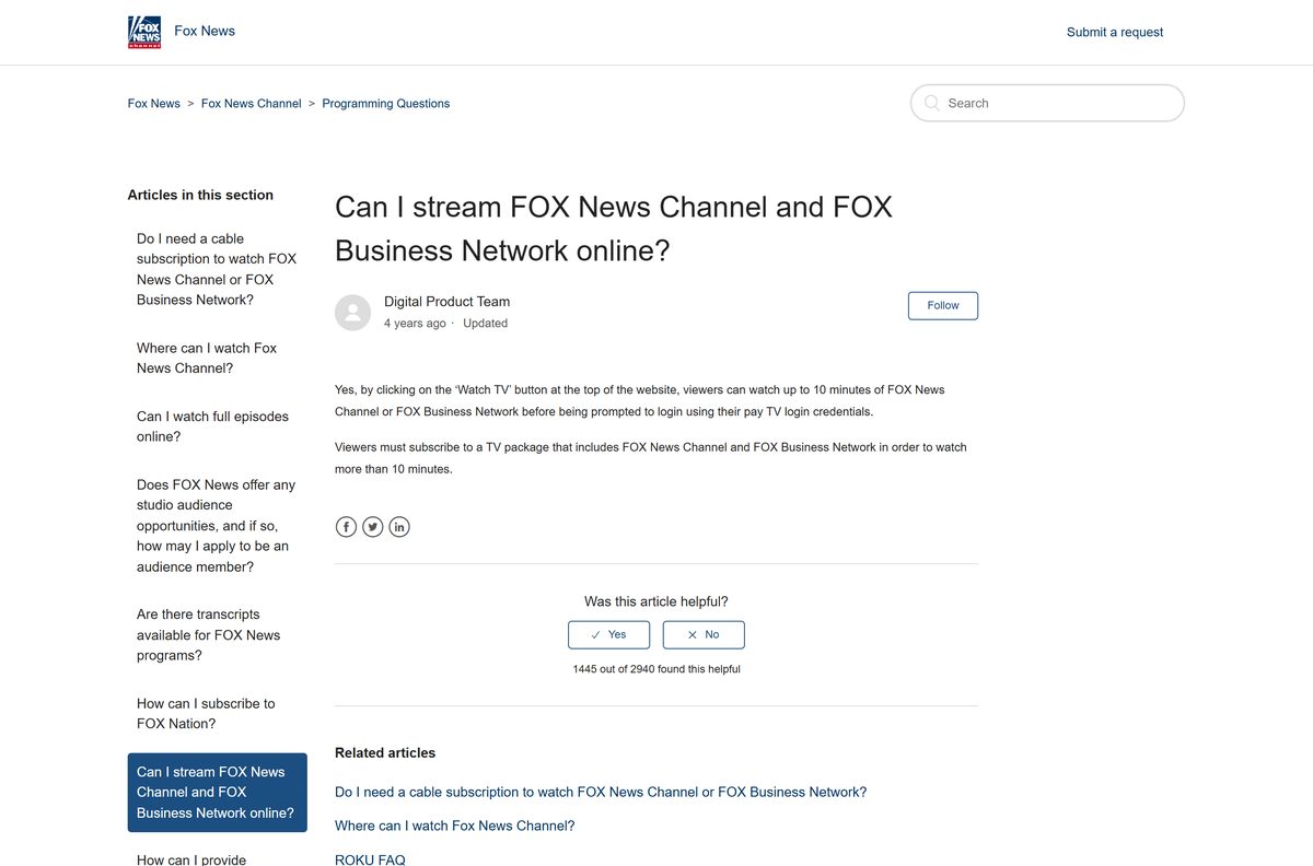 Fox News help article on streaming the channel online