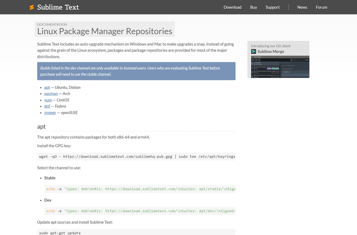 Sublime Text Linux repository guide with apt, pacman and dnf commands