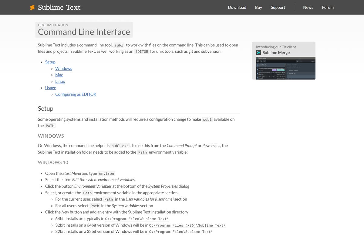 Sublime Text command line guide showing subl paths per system