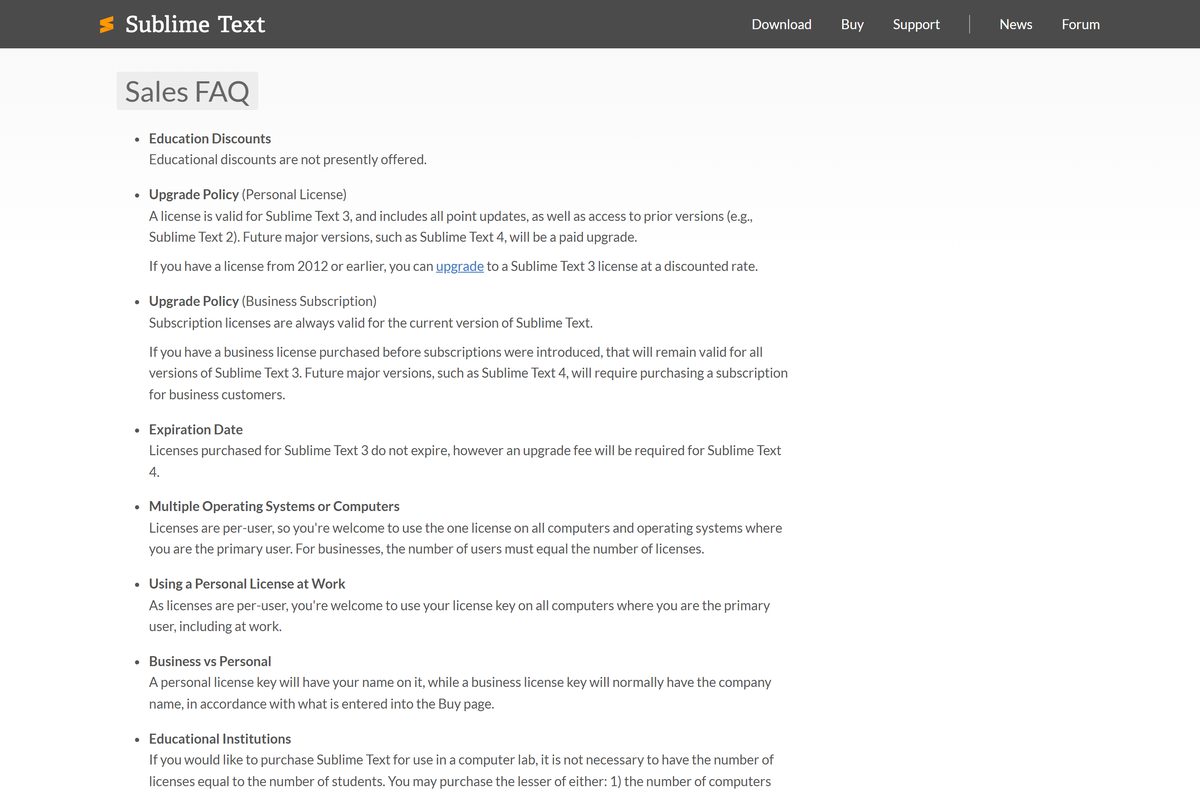 Sublime Text sales FAQ explaining per-user license terms