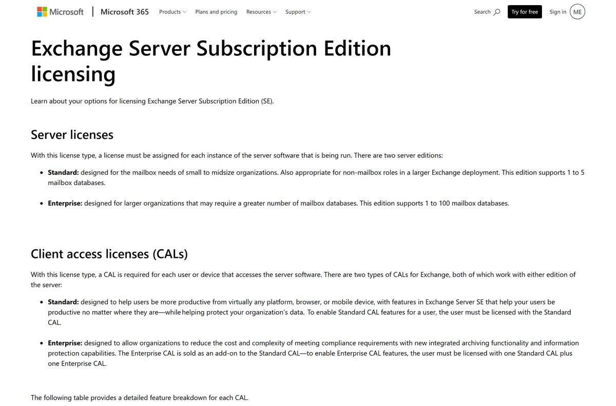 Microsoft licensing page comparing Standard and Enterprise client access licences