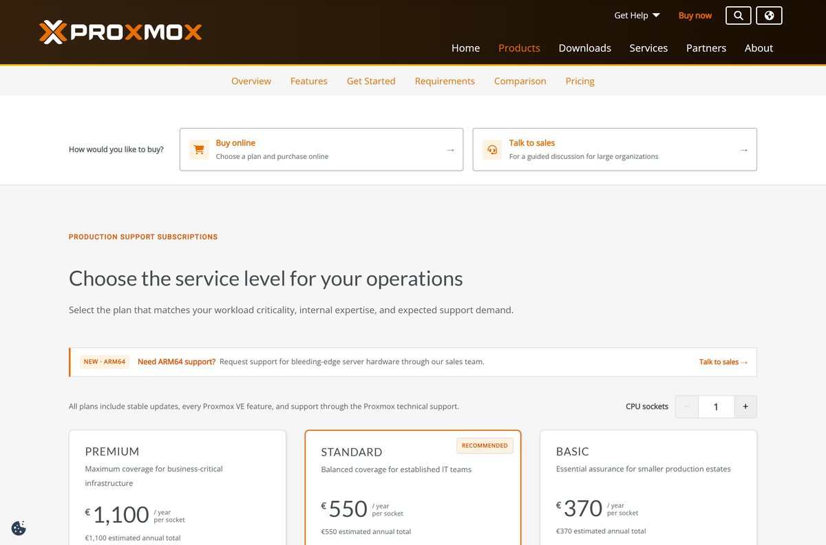 Proxmox VE subscription plans with prices per CPU socket