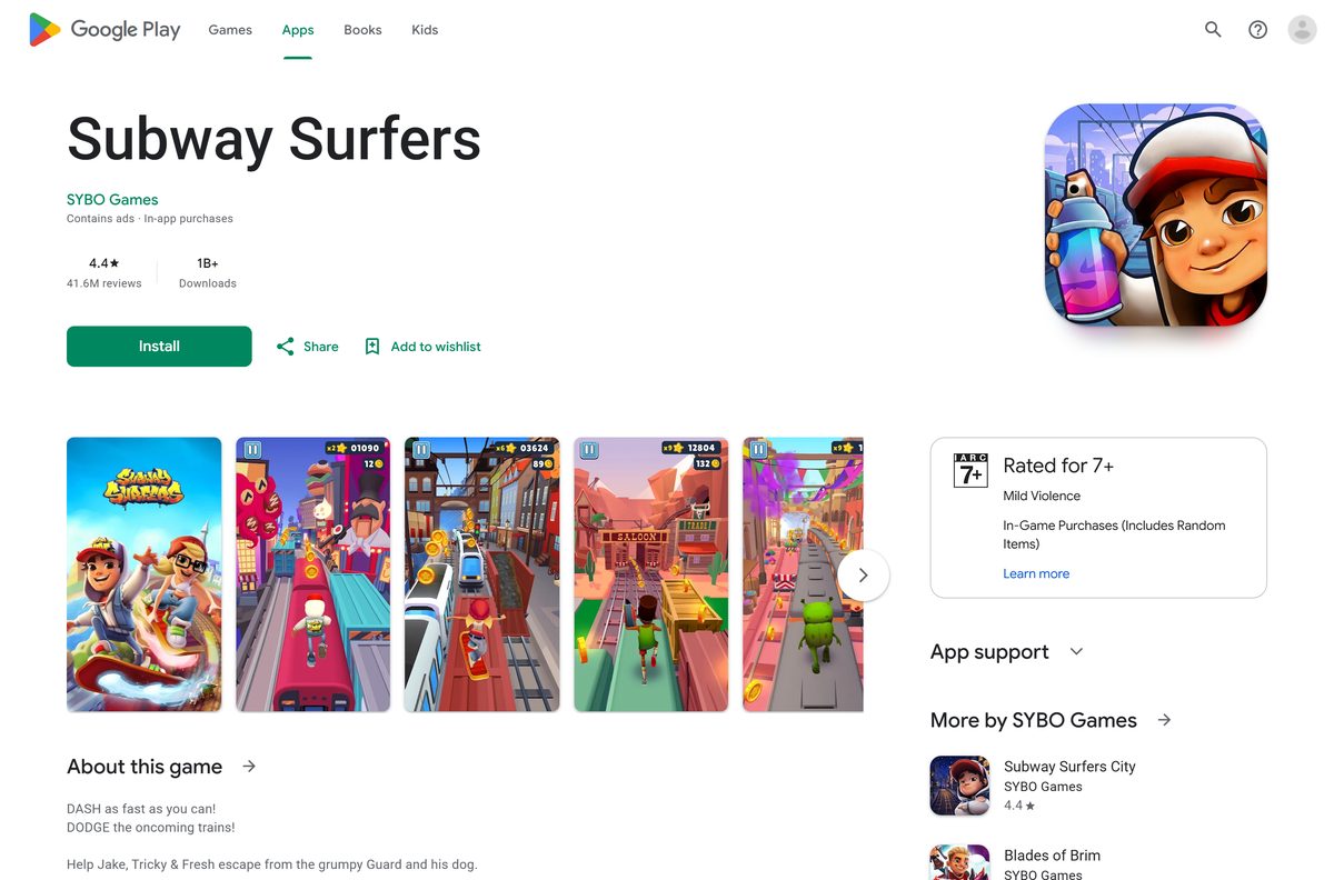 Google Play listing for Subway Surfers with its Install button
