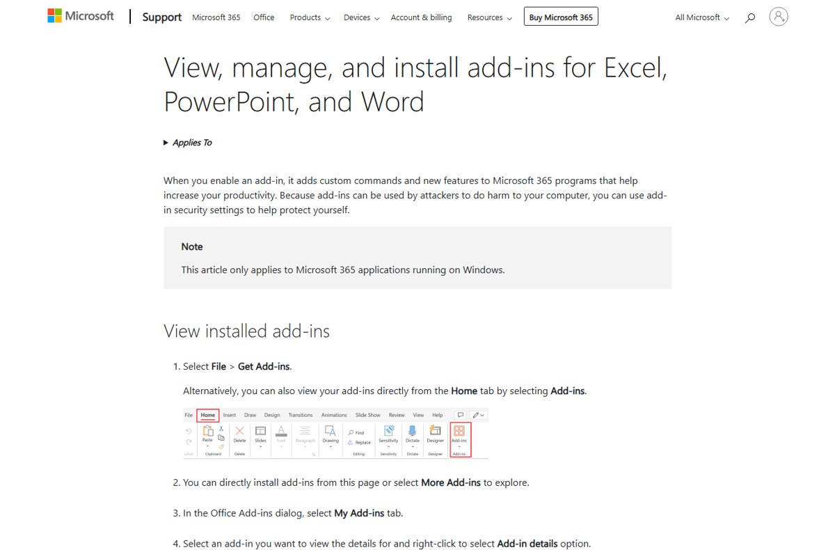 Support page showing the Home tab Add-ins button highlighted in an Office ribbon