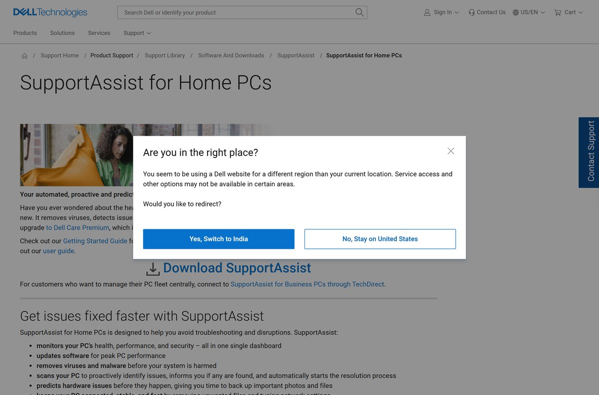 Dell SupportAssist for Home PCs page with its download button