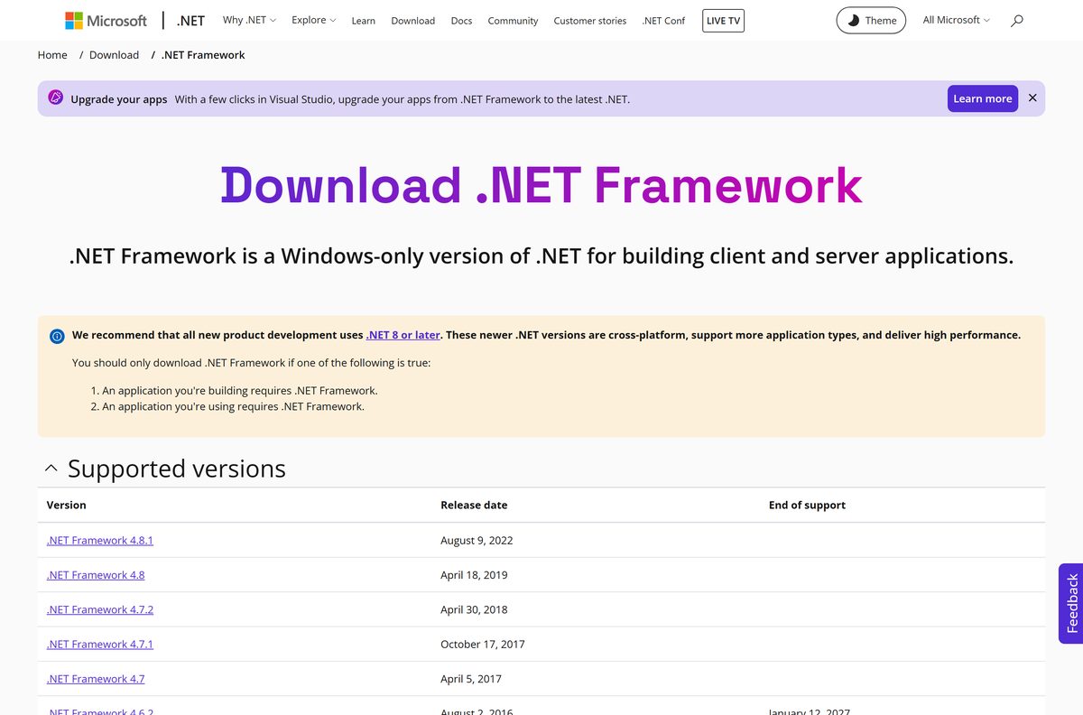 Microsoft download hub listing .NET Framework versions with support end dates