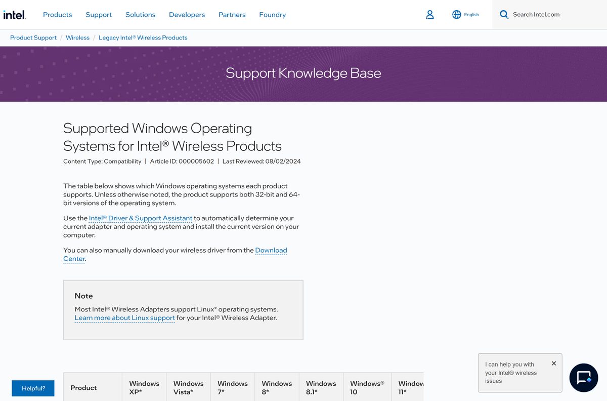 Intel table of Windows versions each Wireless adapter supports
