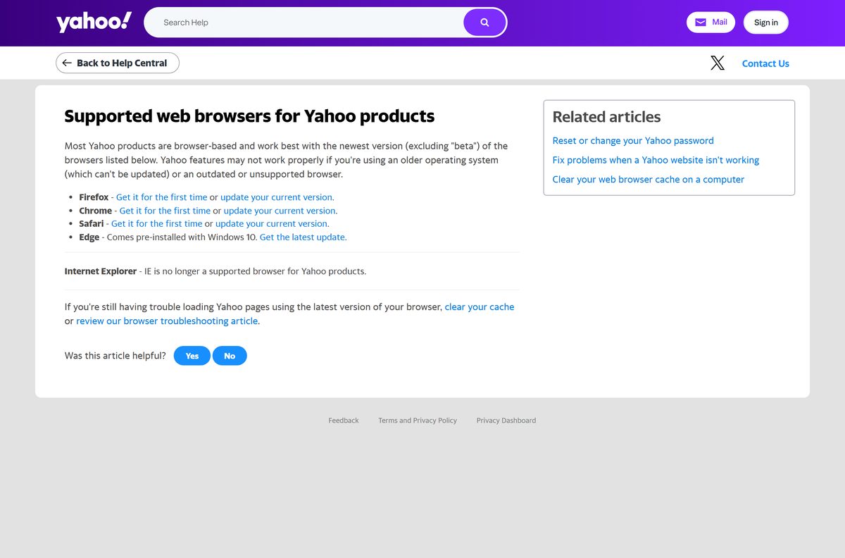 Yahoo Help list of supported desktop web browsers